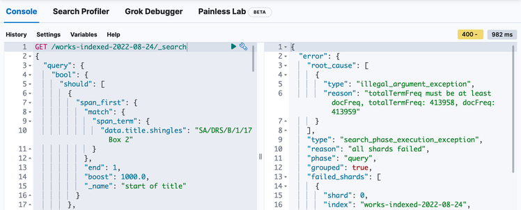 A two-up console. On the left-hand side is an HTTP GET request with a JSON body (an Elasticsearch search query); on the right-hand side is the JSON response.